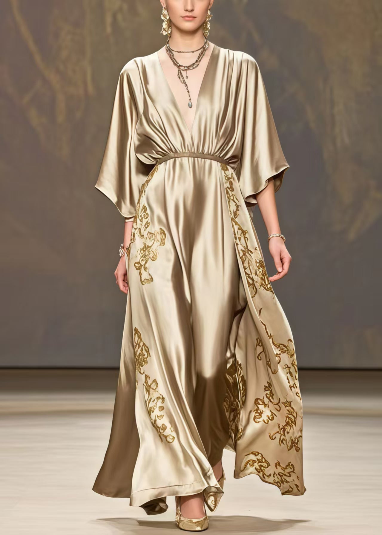Chic Golden Print Exra Large Hem Silk Maxi Dresses Summer
