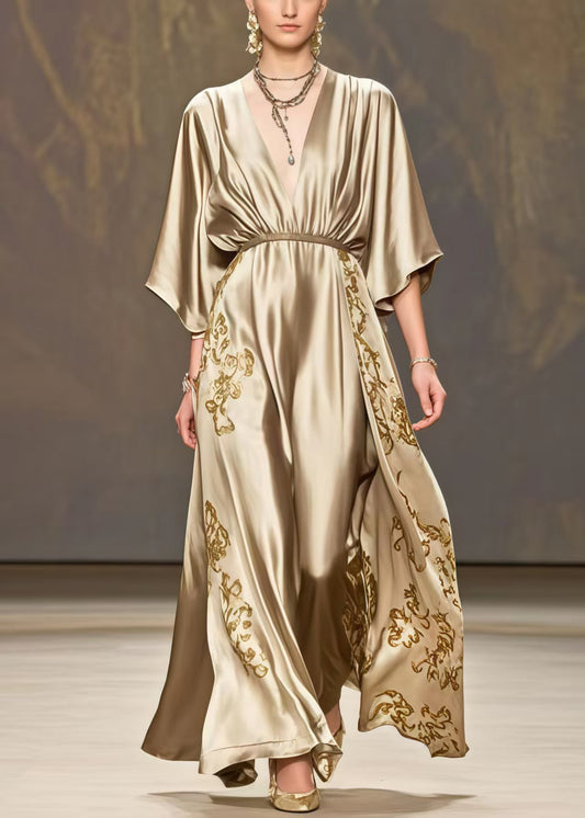 Chic Golden Print Exra Large Hem Silk Maxi Dresses Summer