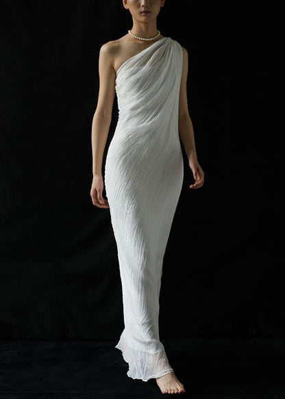 Art White Cold Shoulder Wrinkled Solid Silk Maxi Dress Summer