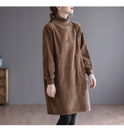 Corduroy Solid Color Plus Velvet Thick Loose Turtleneck Top
