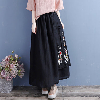 Cozy Retro Loose Cotton Linen Embroidery Skirt