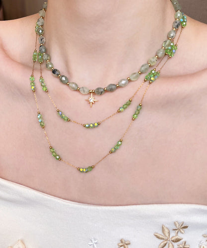 Elegant Green String Beads Layering Alloy Two Piece Set Necklace