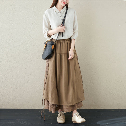 Retro Linen Floral Hollow Embroidery Skirt