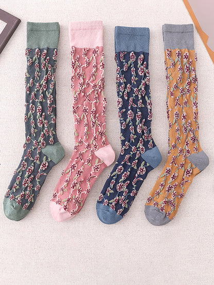 4 Pairs Cotton Vintage Floral Women Long Socks