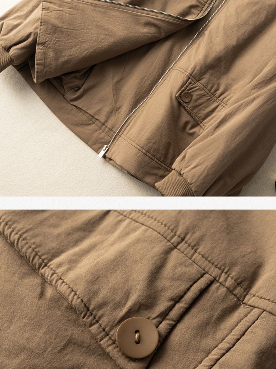 100% Natural Fabric Solid Zipper Round Neck Long Sleeve Coat