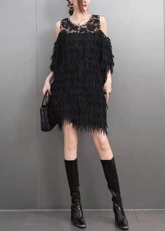 Sexy Black Cold Shoulder Nail Bead Tassel Mid Dresses Short Sleeve
