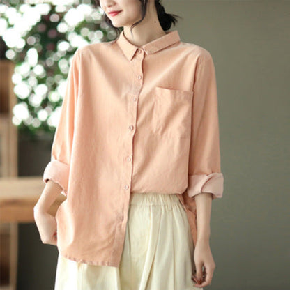Women Spring Artsy Button Pocket Corduroy Solid T-shirt