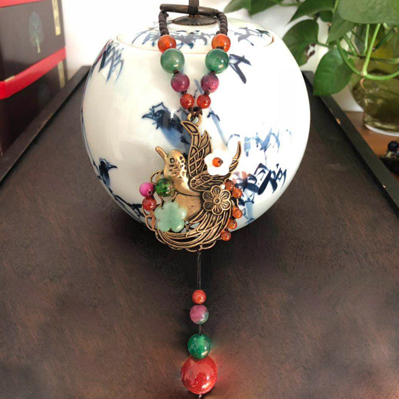 Alloy Bird Multicolor Agate Necklace