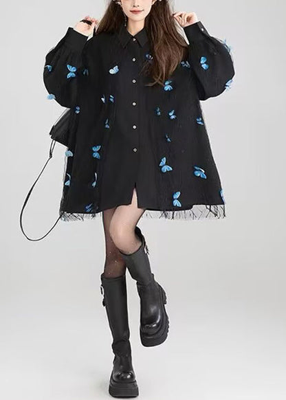 Chic Black Peter Pan Collar Butterfly Lace Patchwork Cotton Shirt Fall