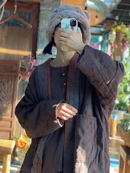 Women Linen Retro Print Pocket Long Sleeve Coat