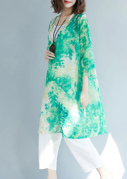 Organic Green Print Shirts V Neck Pockets  Blouses