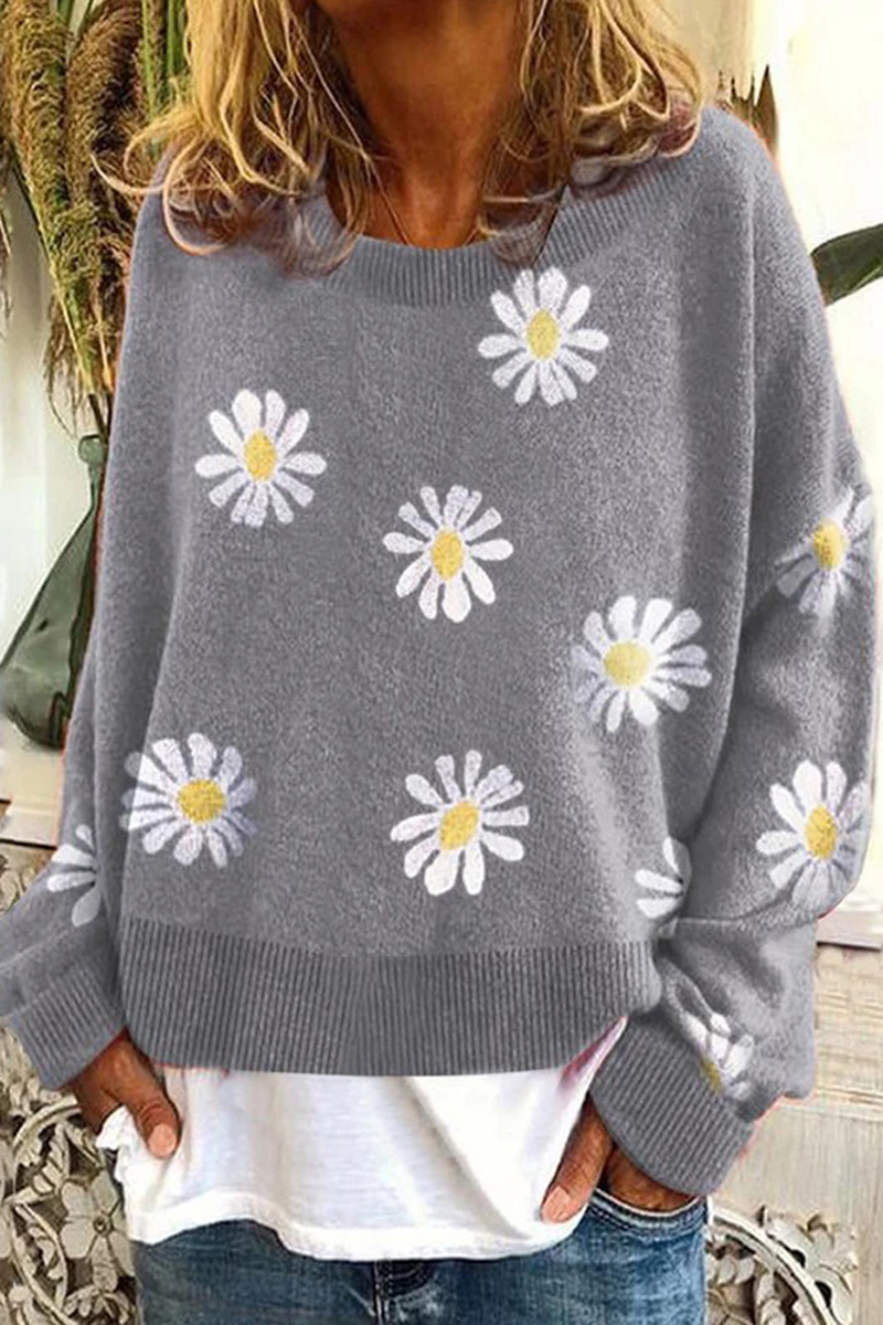 Round Neck Floral Print Casual Sweater