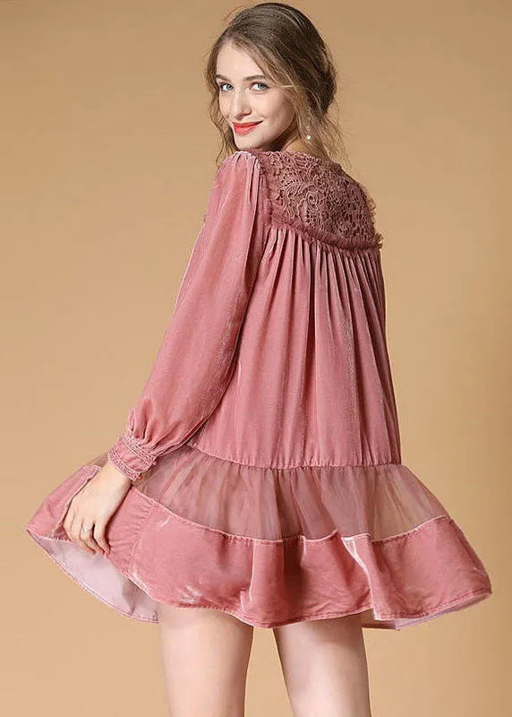 Beautiful Pink Embroideried Lace Up Patchwork Velour Dress Spring