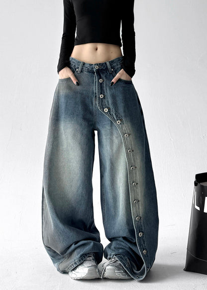Fashion Grey Pockets Rivet Patchwork Denim Wide Leg Pants Fall