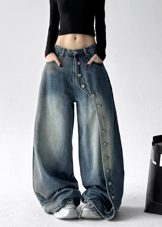 Fashion Grey Pockets Rivet Patchwork Denim Wide Leg Pants Fall