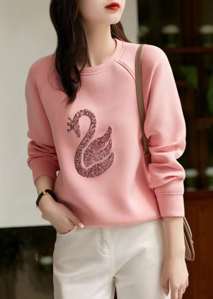Women Grey O Neck Sequins Cotton Sweatshirt Spring