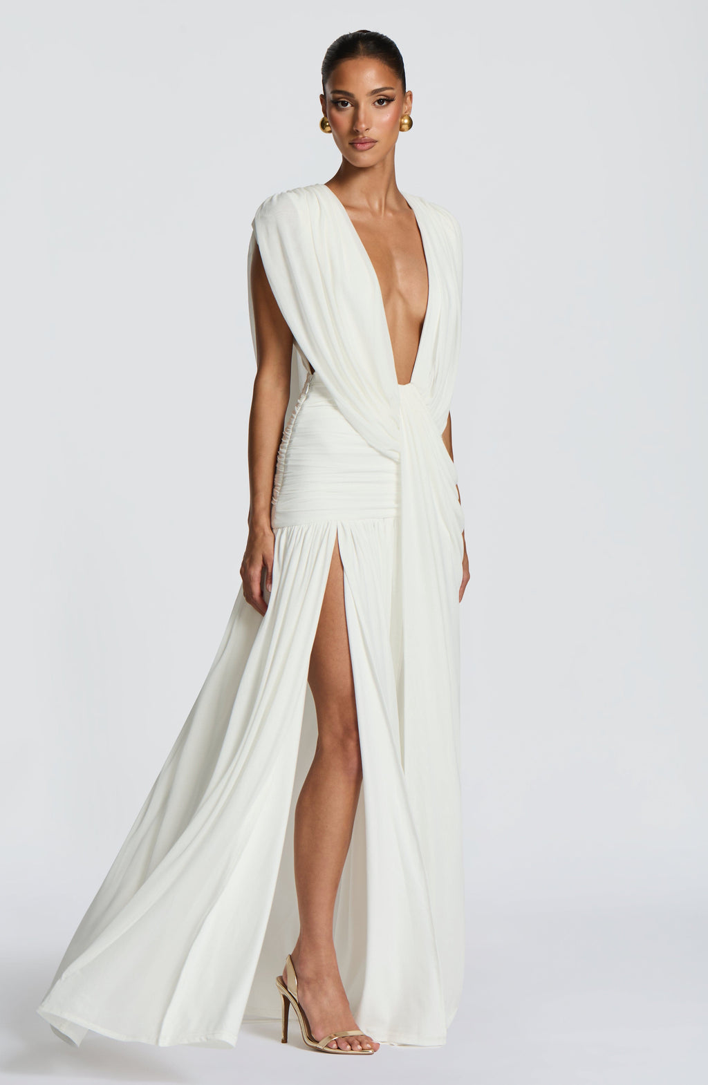 Sexy pleated deep V high slit backless evening gown
