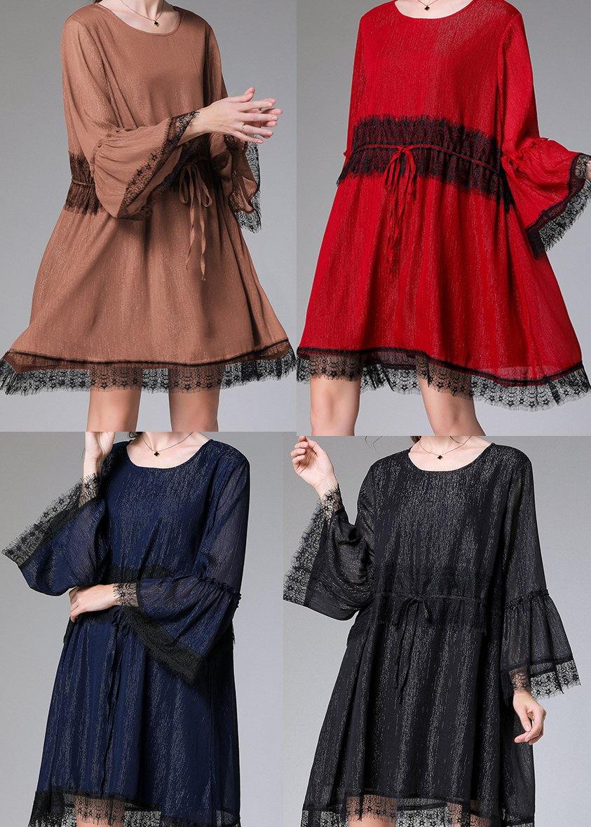 Casual Black Tie Waist Flare Sleeve Mini Summer Chiffon Dress