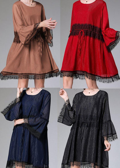 Casual Black Tie Waist Flare Sleeve Mini Summer Chiffon Dress