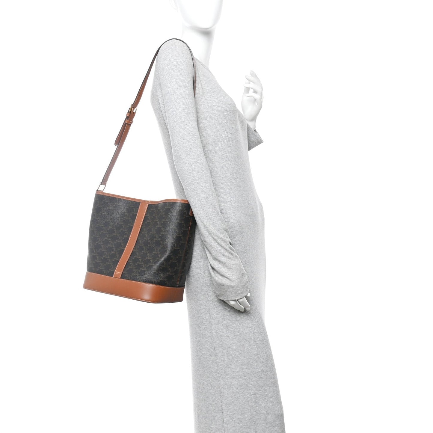 Triomphe Canvas Calfskin Medium Bucket Bag Tan