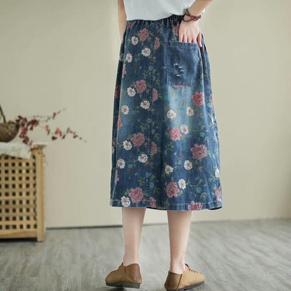 Retro Floral Loose Casual Patchwork Denim Skirt