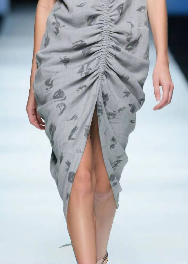 Beautiful Grey Wrinkled Side Open Cotton Tea Dress Summer