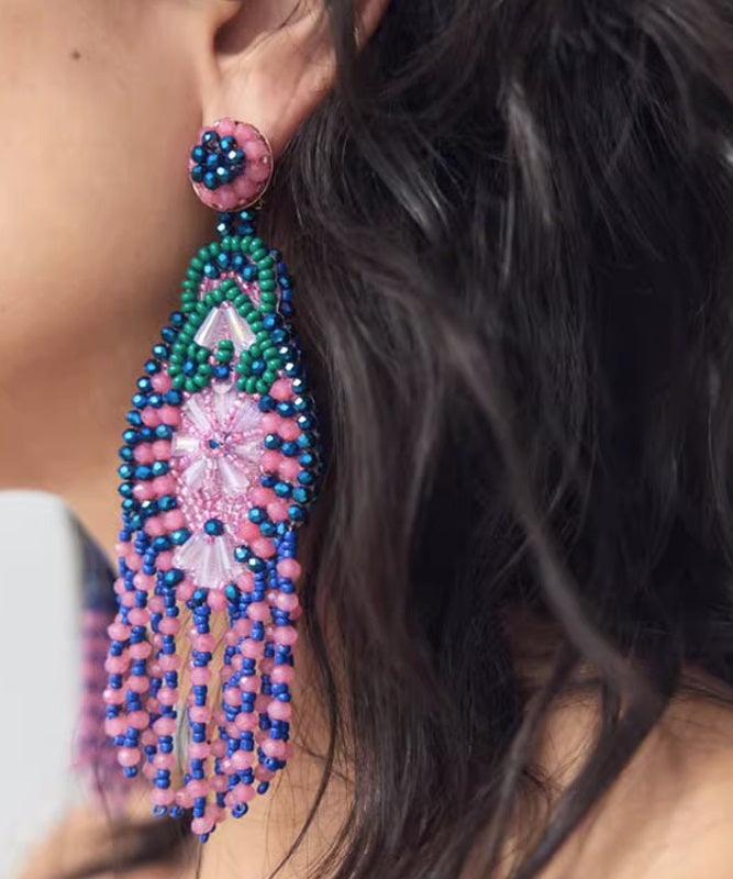 Bohemian Rainbow Weave Crystal Beading Tassel Drop Earrings