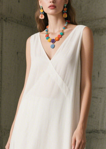 DIY White V Neck Patchwork Lace Chiffon Maxi Dresses Sleeveless