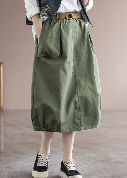 Solid Green Patchwork Cotton Skirt High Waist Pockets Summer