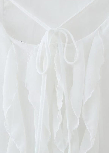 Boho White Ruffled Backless Lace Up Chiffon Maxi Dress Sleeveless