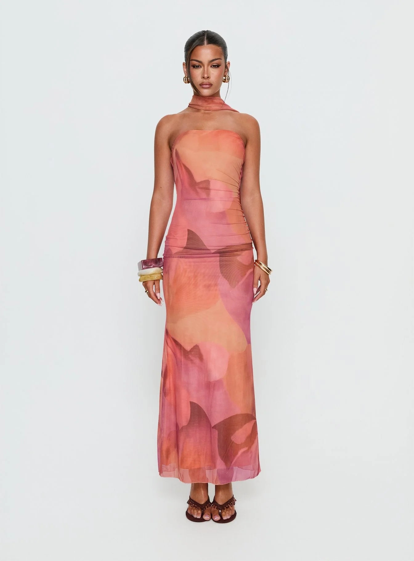 Davynn Scarf Detail Strapless Maxi Dress Pink Multi