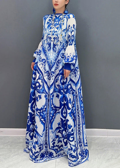 Plus Size Blue Print Exra Large Hem Holiday Dress Lantern Sleeve
