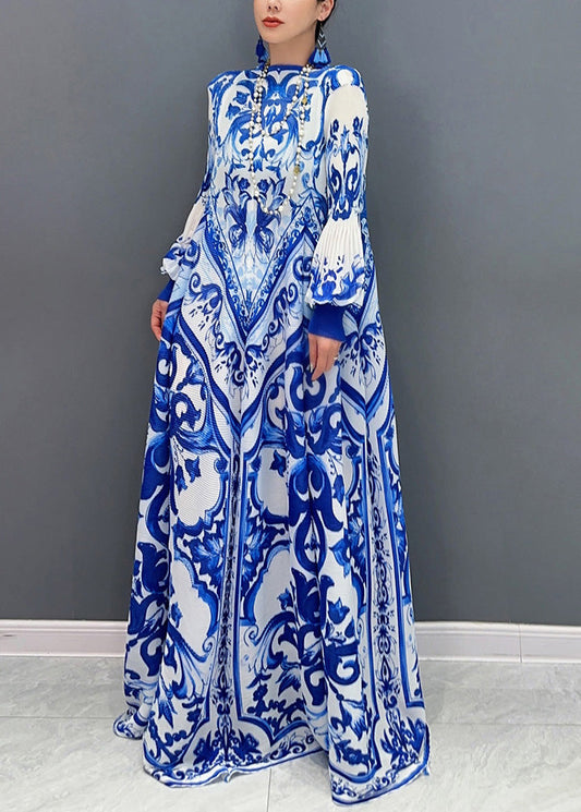 Plus Size Blue Print Exra Large Hem Holiday Dress Lantern Sleeve