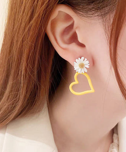 Beautiful Yellow Alloy Baked Enamel Floral Asymmetrical Love Stud Earrings