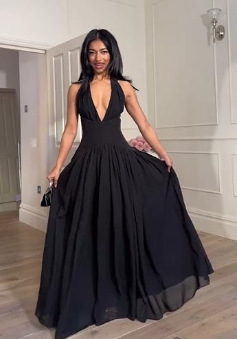 Sexy Halter Deep V Waist Solid Color Dress