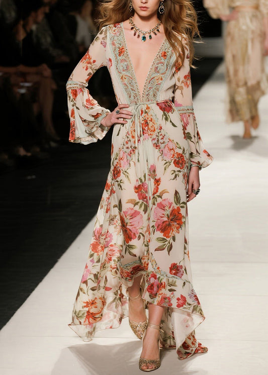 Elegant V Neck Print Loose Cotton Dresses Flare Sleeve