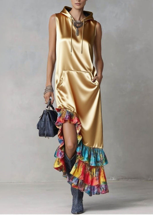 Elegant Golden Asymmetrical Patchwork Ruffles Silk Hooded Dresses Sleeveless