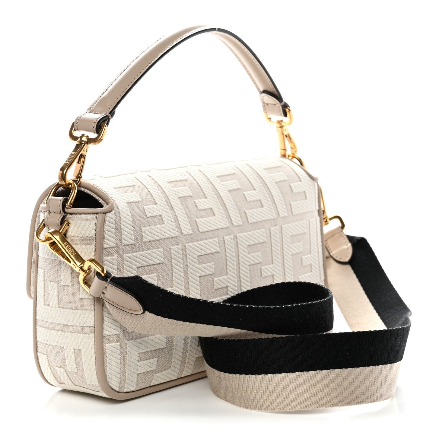 Canvas Vitello King FF Embroidered Baguette Grezzo White Nuvola