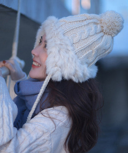 Winter Grey Warm Fuzzy Ball Rabbit Fur Knitted Hat