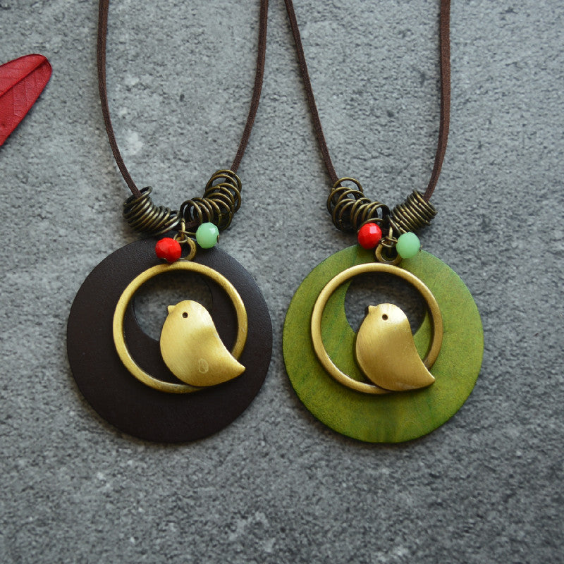 Wood Chip Bird Pendant Long Necklace