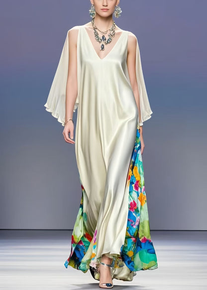 Fashion Milk White V Neck Patchwork Silk Vacation Dresses Cloak Sleeves