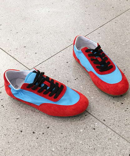Casual Comfy Red Lace Up Splicing Suede Flat Shoes
