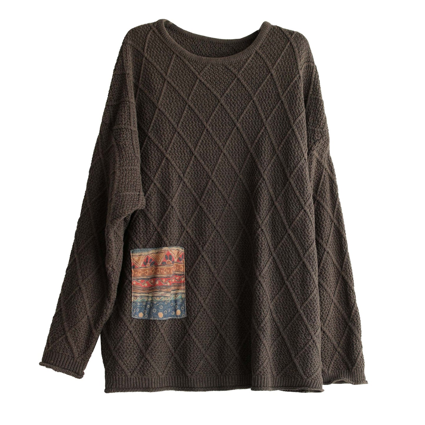 Women Retro Rhombus Patchwork Cotton Loose Sweater