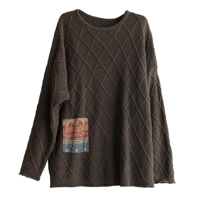 Women Retro Rhombus Patchwork Cotton Loose Sweater