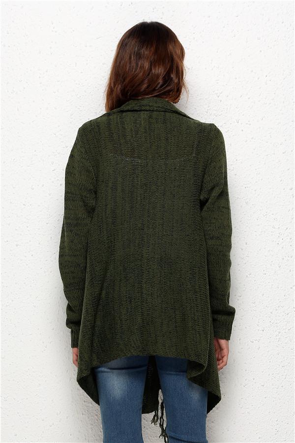 Tassel Asymmetrical Hem Shawl Speckled Fringe Cardigan - Green