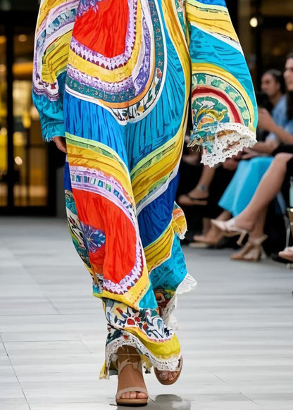 DIY Colorblock Oversized Print Chiffon Maxi Dress Spring