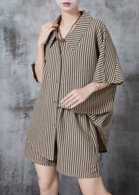 Fitted Khaki Oversized Striped Cotton Two Pieces Set Summer