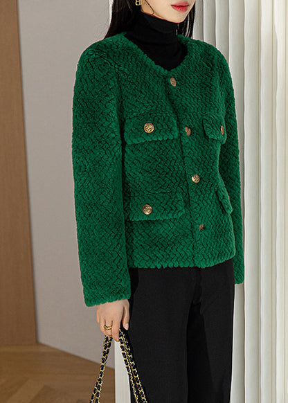 Chic Green O-Neck Button Woolen Coat Long Sleeve
