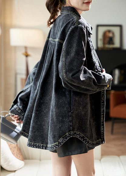 Casual Black Peter Pan Collar Patchwork Button Denim Coats Spring