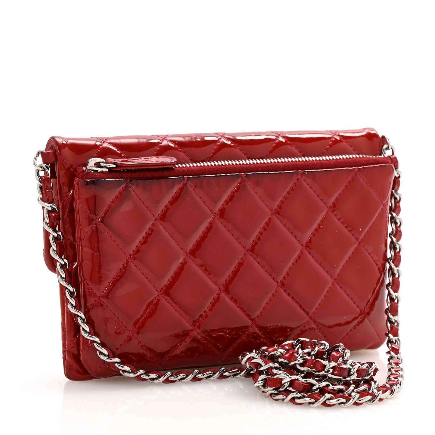 Patent Quilted Mini Flap Clutch With Chain  Red
